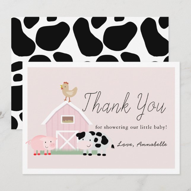 Invitation Animaux de ferme Barnyard Baby shower rose Merci (Devant / Derrière)
