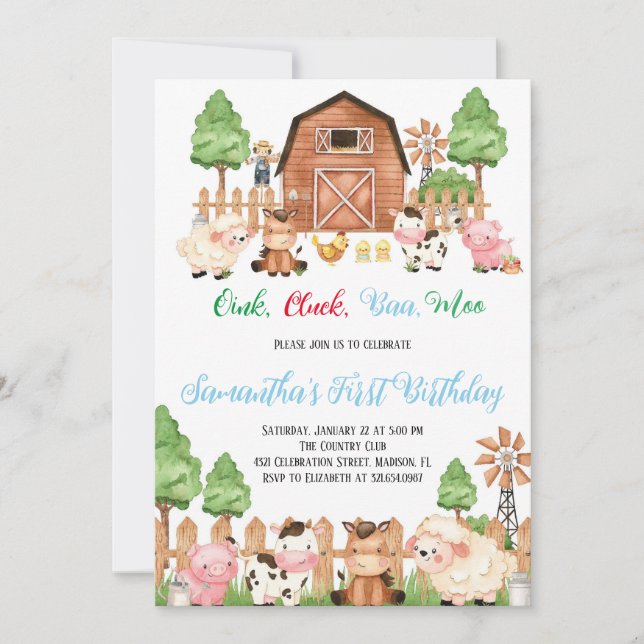 Invitation Animaux de ferme Barnyard Blue Boy Fête d'annivers (Devant)