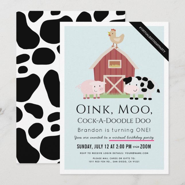 Invitation Animaux de ferme Barnyard Blue Virtual 1er anniver (Devant / Derrière)