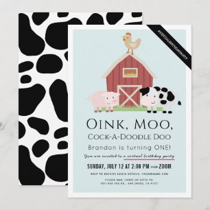 Invitation Animaux de ferme Barnyard Blue Virtual 1er anniver