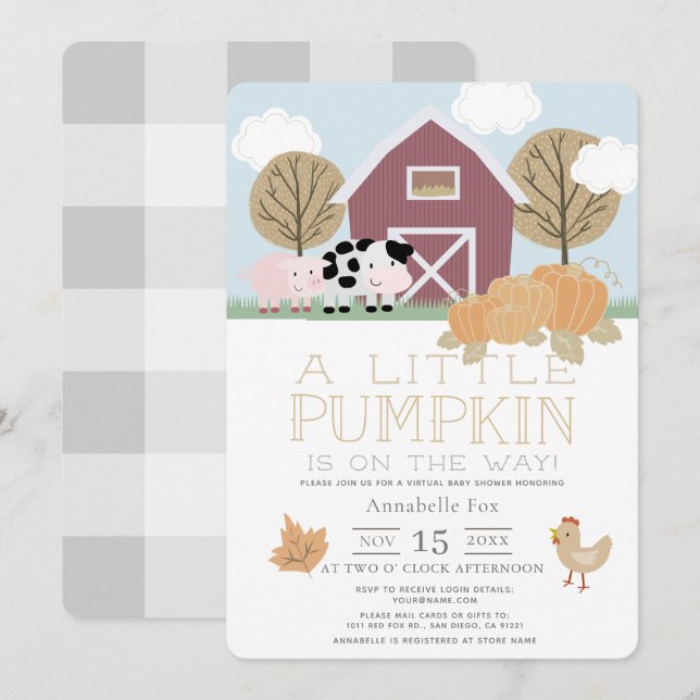 Invitation Animaux de ferme Barnyard Citrouille Baby shower v (Devant / Derrière)