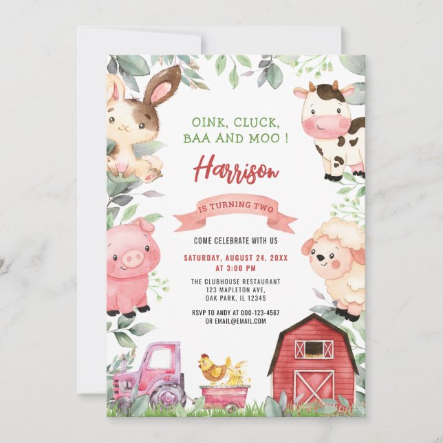 Invitation Animaux de ferme Barnyard Oink Baa Moo Anniversair (Devant)