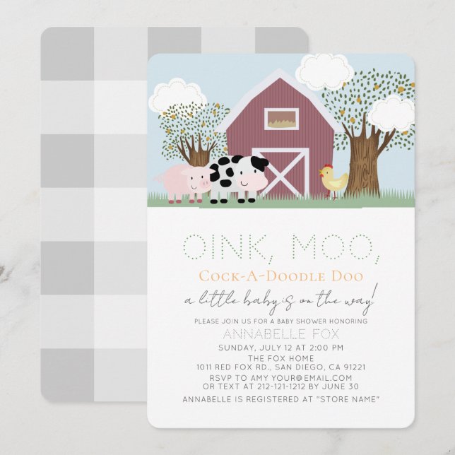 Invitation Animaux de ferme Barnyard Red Grange Baby shower (Devant / Derrière)