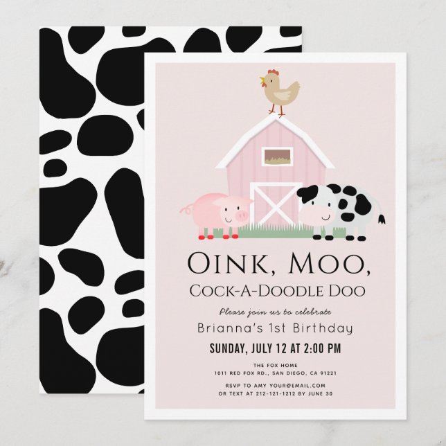 Invitation Animaux de ferme Barnyard Rose Girl 1er anniversai (Devant / Derrière)