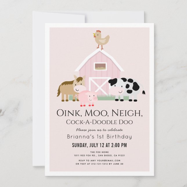 Invitation Animaux de ferme Barnyard Rose Girl 1er anniversai (Devant)