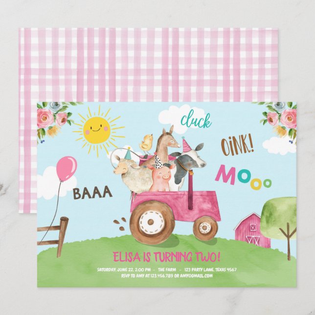 Invitation Animaux de ferme Barnyard Tracteur Pink Farmhouse  (Devant / Derrière)