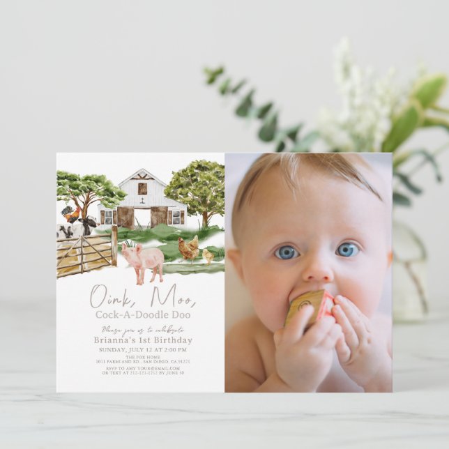 Invitation Animaux de ferme Barnyard W/C Photo 1er anniversai (Debout devant)