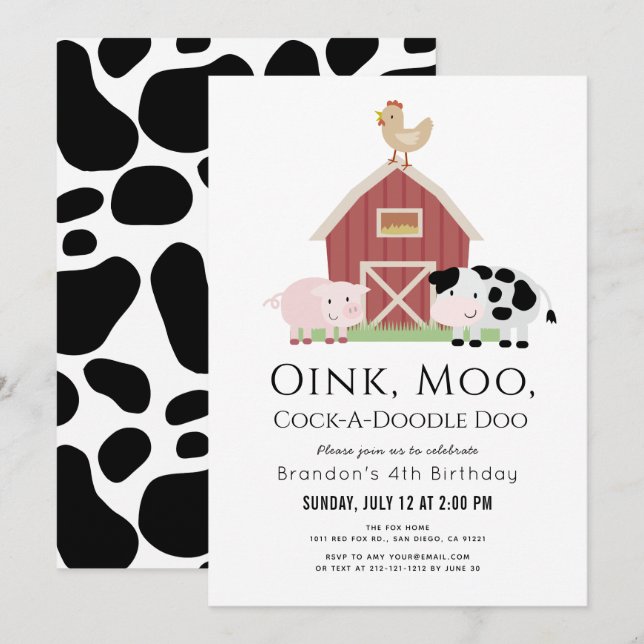 Invitation Animaux de ferme Barnyard White Anniversaire (Devant / Derrière)