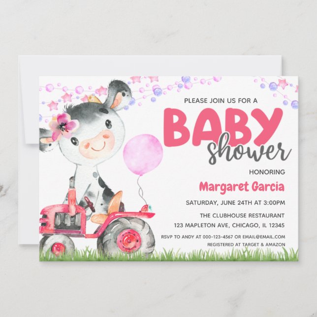 Invitation Animaux de ferme Bébé Fille Vache Baby shower Invi (Devant)