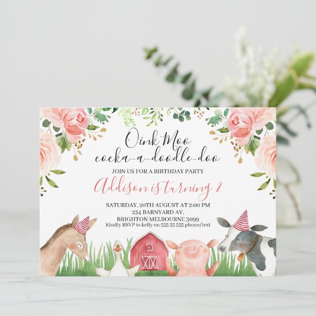 Invitation Animaux de ferme de feuillage rose Floral (Debout devant)