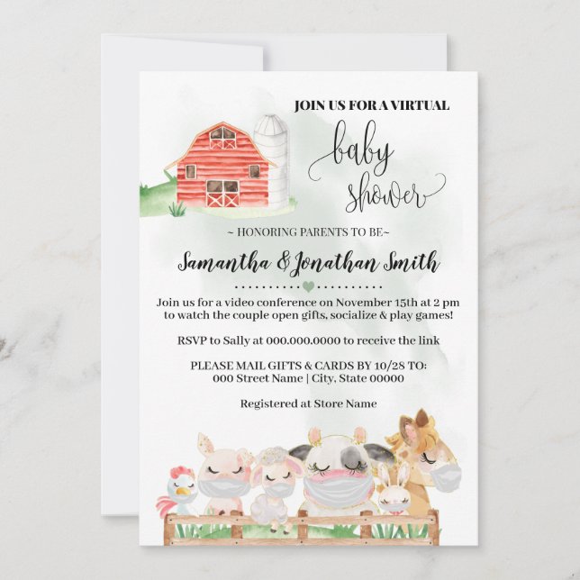 Invitation Animaux de ferme Distance sociale Baby shower virt (Devant)