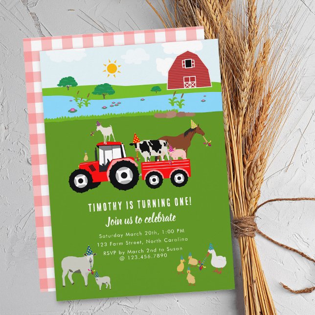 Invitation Animaux de ferme et tracteur rouge Thème de fête d (Créateur téléchargé)