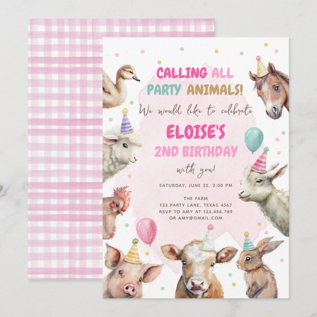 Invitation Animaux de ferme Fille Appelant Animaux de fête An (Devant / Derrière)