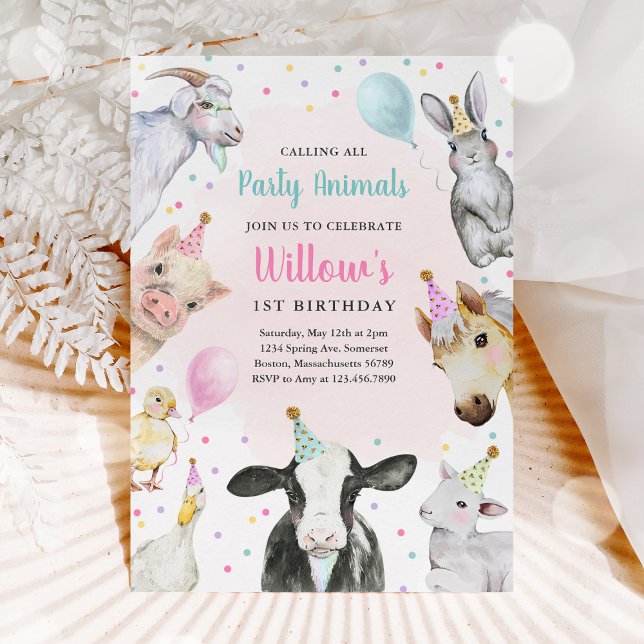 Invitation Animaux de ferme Fille rose Barnyard fête d'annive (Créateur téléchargé)