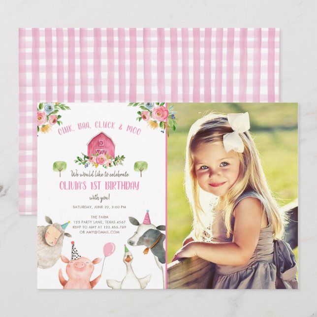 Invitation Animaux de ferme Fille rose En vichy Barnyard Anni (Devant / Derrière)