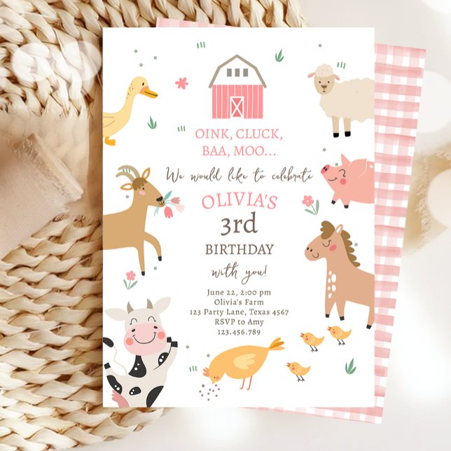 Invitation Animaux de ferme Fille rose En vichy Barnyard Anni (Créateur téléchargé)