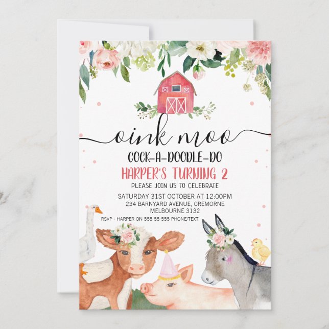 Invitation Animaux de ferme floraux rose 2e anniversaire (Devant)