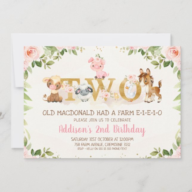 Invitation Animaux de ferme floraux rose Deuxième anniversair (Devant)
