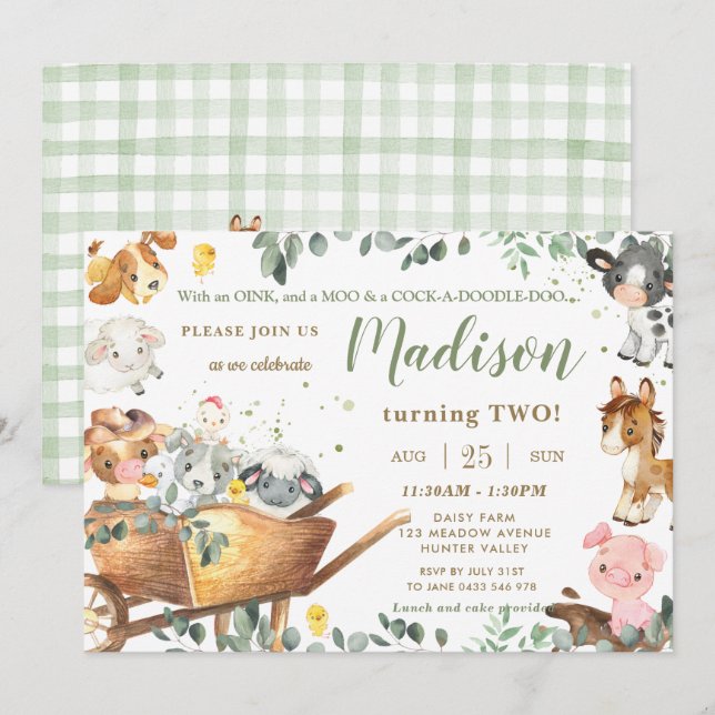 Invitation Animaux de ferme mignons Végétal de Barnyard Anniv (Devant / Derrière)