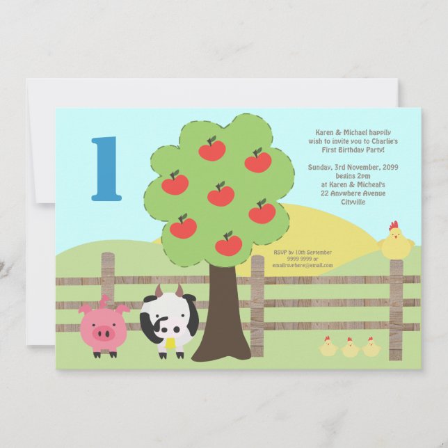 Invitation Animaux de ferme Pommier Arbre 1er anniversaire In (Devant)