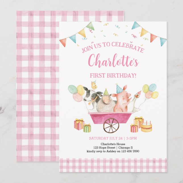 Invitation Animaux de ferme Rose En vichy fille premier anniv (Devant / Derrière)