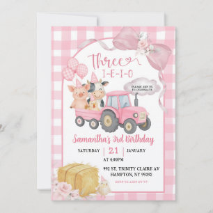 Invitation Animaux de Ferme Roses Trois-i-e-i-o 3ème Annivers