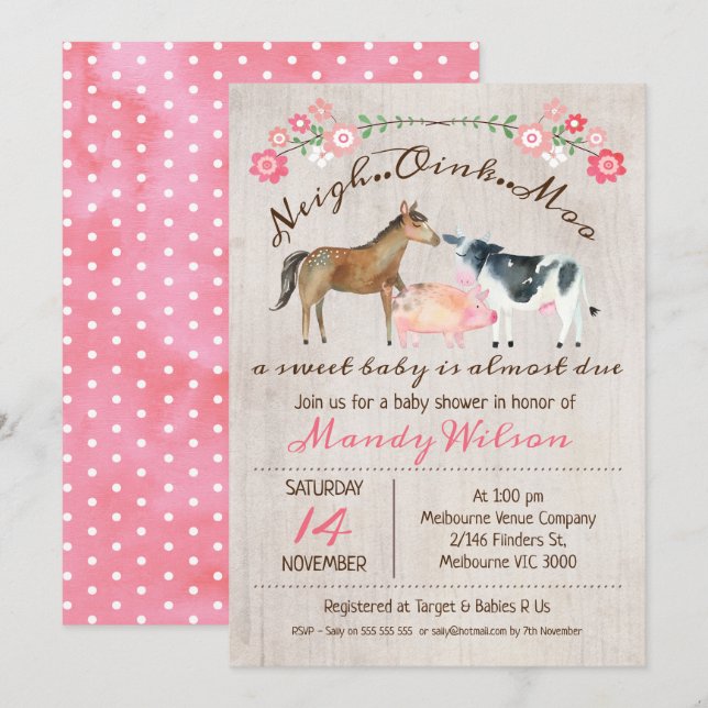 Invitation Animaux de ferme rustiques Filles Baby shower Invi (Devant / Derrière)