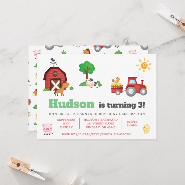Invitation Animaux de ferme Soirée d'anniversaire - GLS (Devant/Arrière en situation)