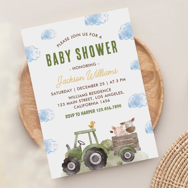 Invitation Animaux de ferme Tracteur Baby shower neutre pour  (Créateur téléchargé)