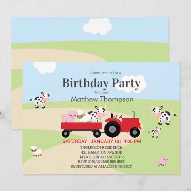 Invitation Animaux de ferme Tracteur rouge Garçons fête d'ann (Devant / Derrière)