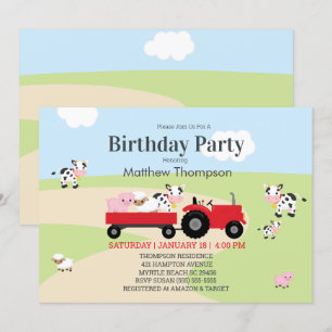 Invitation Animaux de ferme Tracteur rouge Garçons fête d'ann
