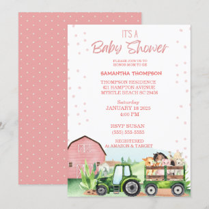 Invitation Animaux de ferme Tracteur vert Baby shower rose