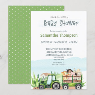 Invitation Animaux de ferme Tracteur vert Garçons Baby shower