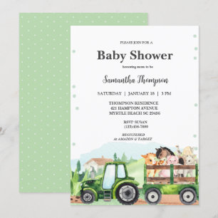 Invitation Animaux de ferme Tracteur vert Garçons Baby shower