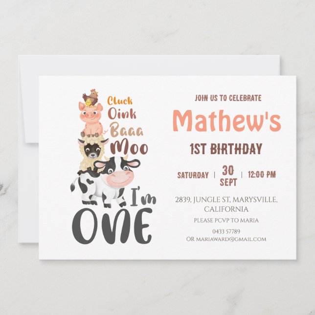 Invitation Animaux de ferme Vache sainte Premier anniversaire (Devant)