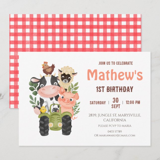 Invitation Animaux de ferme Vache sainte Premier anniversaire (Devant / Derrière)
