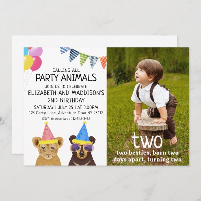 Invitation Animaux de fête 2e anniversaire (Devant / Derrière)