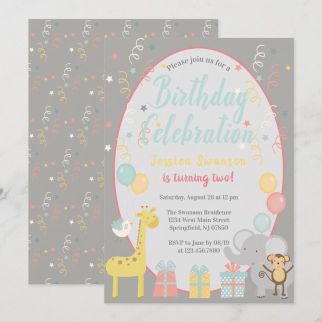 Invitation Animaux de fête adorable Anniversaire Célébration  (Devant / Derrière)