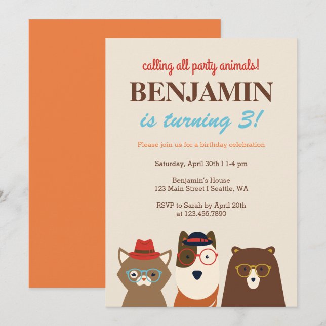 Invitation Animaux de fête Amusants Anniversaire Fête Invitat (Devant / Derrière)