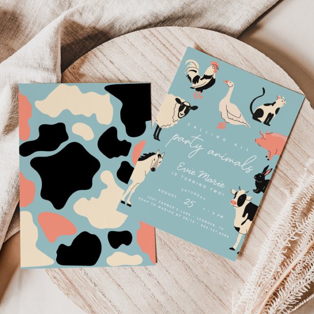 Invitation Animaux de fête | Animaux de ferme pour vache à en (Stand out with this modern and fun-filled farm-themed birthday invitation!)