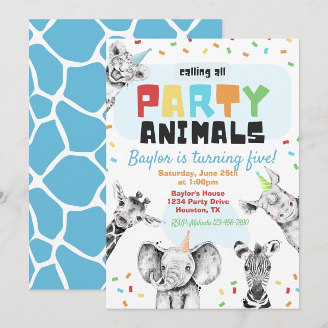Invitation Animaux de fête | Animaux de fête Anniv (Devant / Derrière)