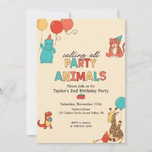 Invitation Animaux de Fête avec Ballons Couleurs Rétro Annive