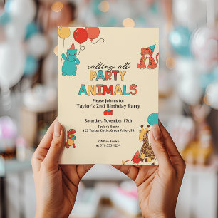 Invitation Animaux de Fête avec Ballons Couleurs Rétro Annive