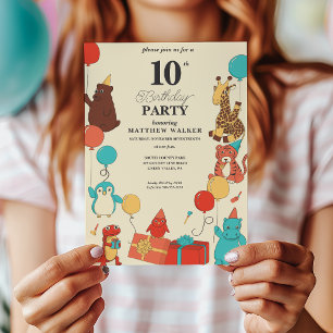 Invitation Animaux de fête avec chapeaux et ballons Anniversa