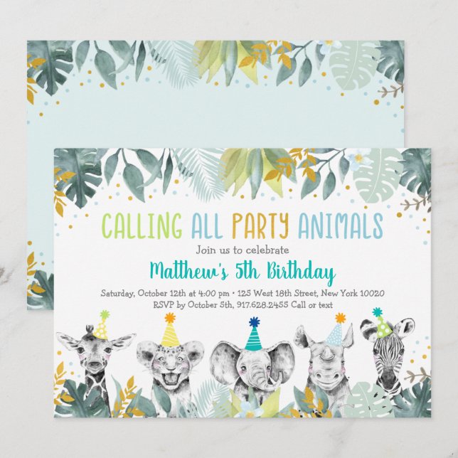 Invitation Animaux de fête Blue Gold Safari Anniversaire (Devant / Derrière)