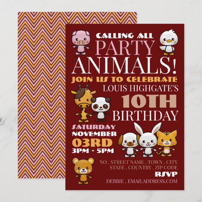 Invitation Animaux de fête, fête d'anniversaire de Chevron (Devant / Derrière)