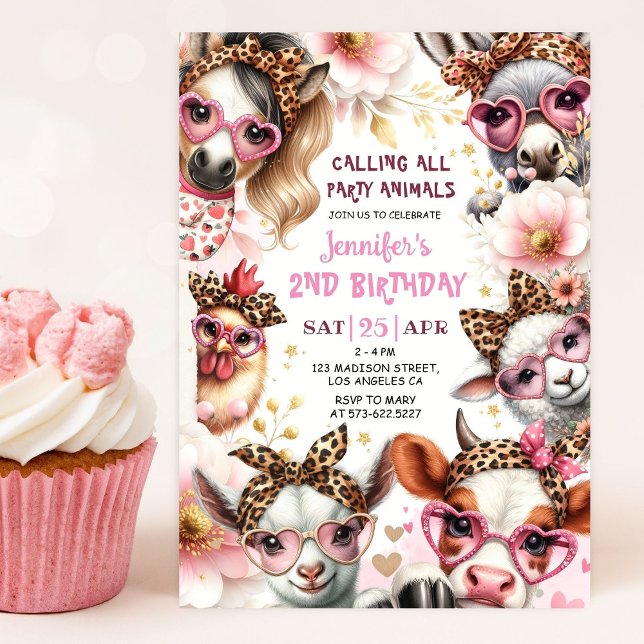 Invitation Animaux de fête Fille rose Barnyard Ferme Annivers (Créateur téléchargé)