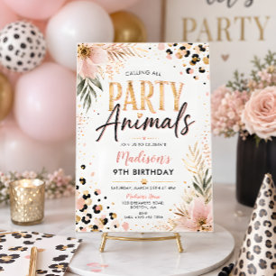 Invitation Animaux de Fête Filles Floral Rose Anniversaire