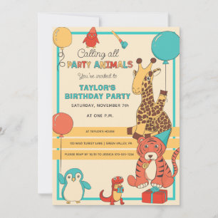 Invitation Animaux de Fête Fun Girafe, Tigre Anniversaire Enf