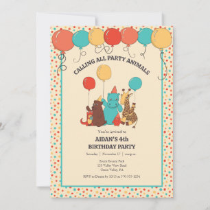 Invitation Animaux de Fête Hippopotame, Girafe, Ours Annivers